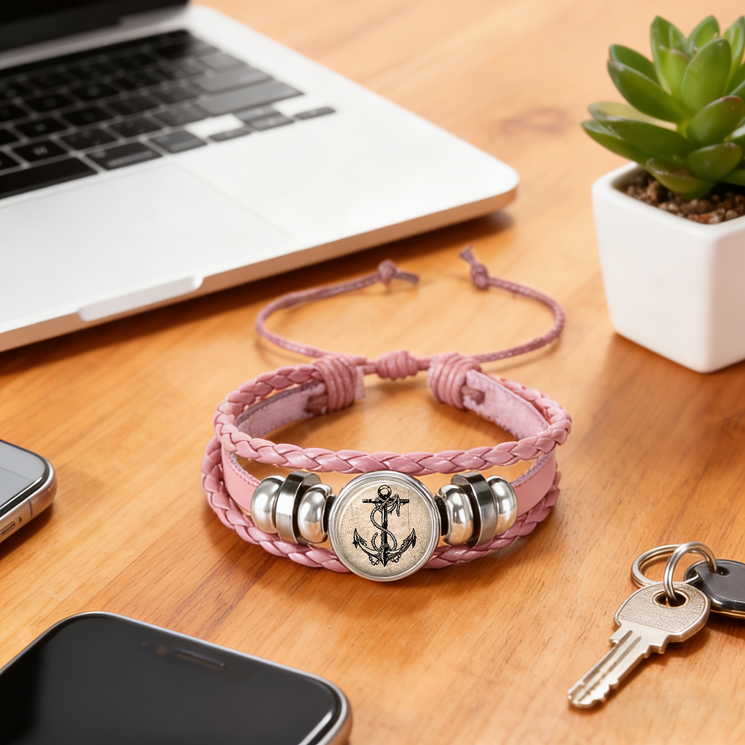 Pink Rope Bracelet with Black Anchor Design, Fresh & Cute